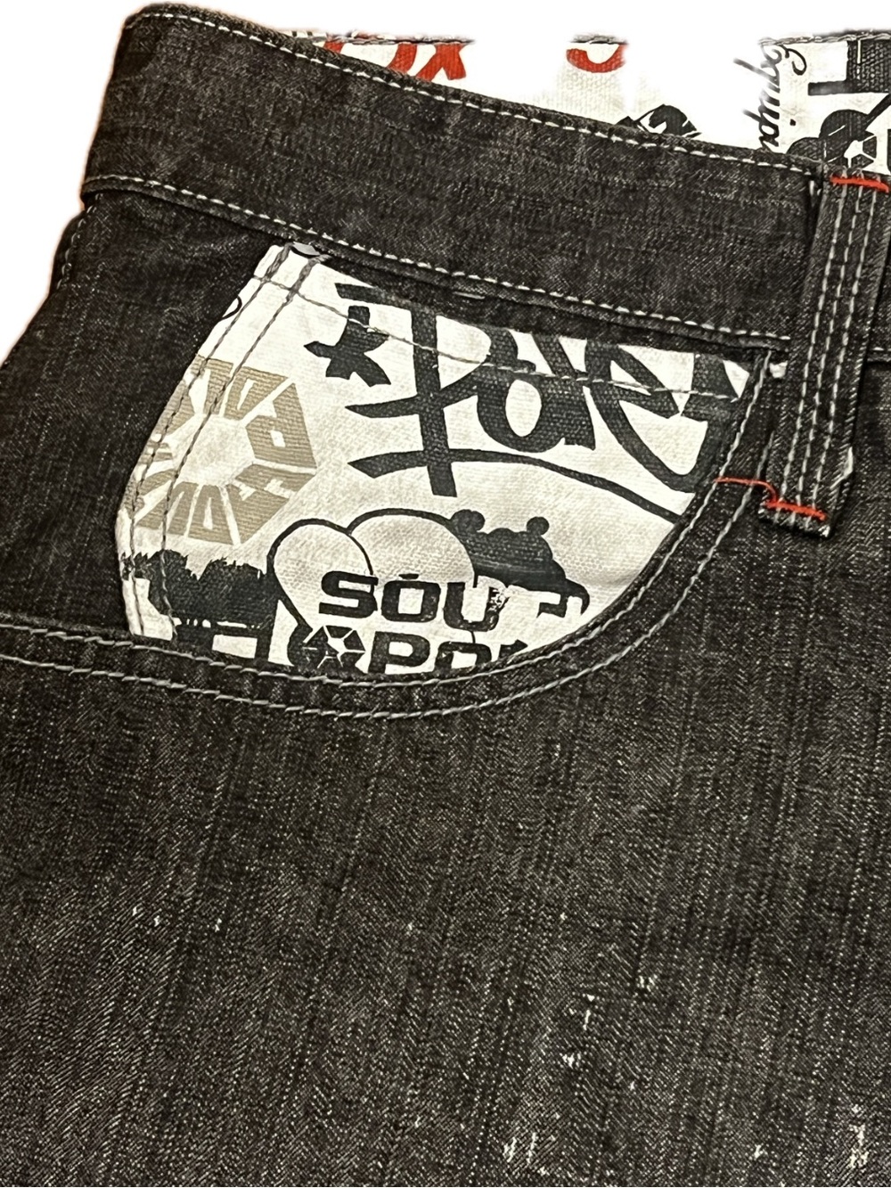 Vintage Southpole Baggy Black Denim Jorts Contrast Graffiti Patchwork Y2K Sz 52 - Picture 4 of 11